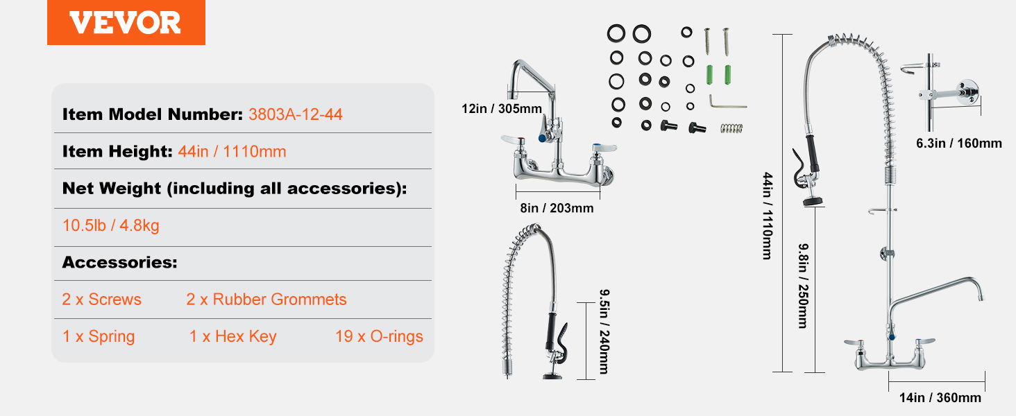 VEVOR commercial faucet with measurements and included accessories: screws, rubber grommets, spring, hex key, o-rings.