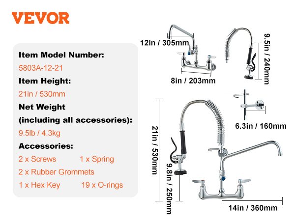 VEVOR commercial faucet model 5803a-12-21, 21in height, includes accessories like screws, o-rings, and a hex key.