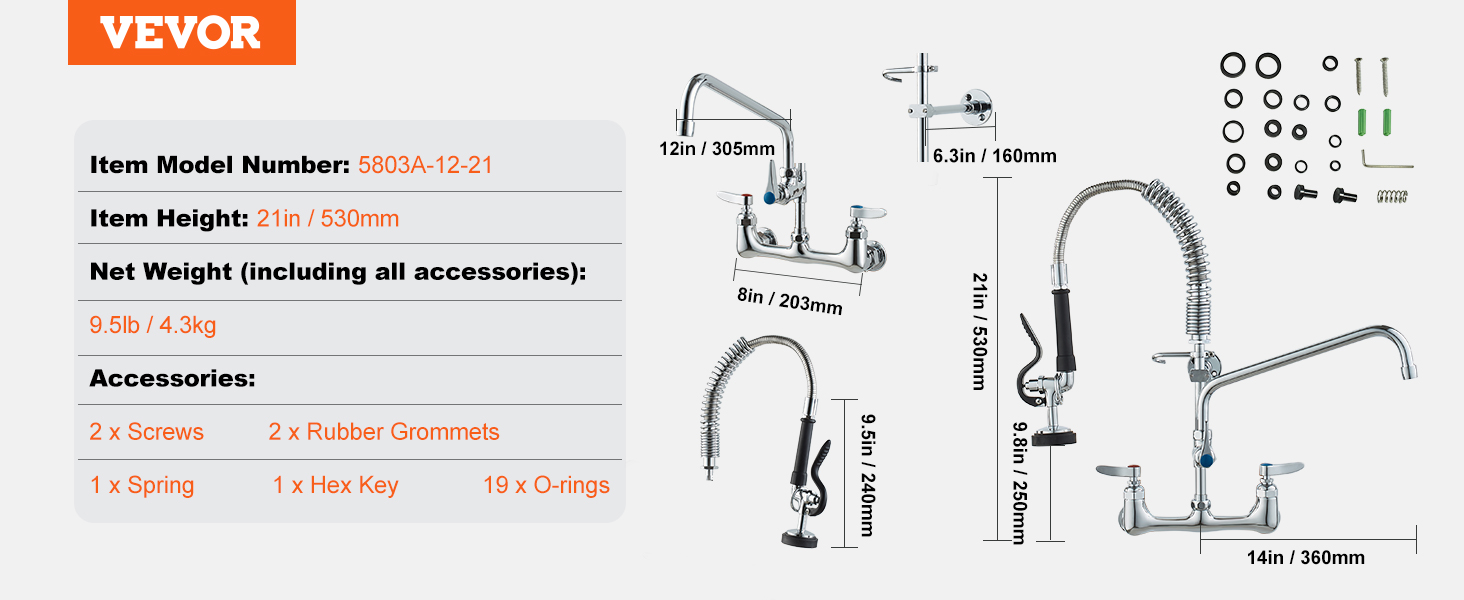 VEVOR commercial faucet model 5803a-12-21, 21in height, includes accessories like screws, o-rings, and a hex key.