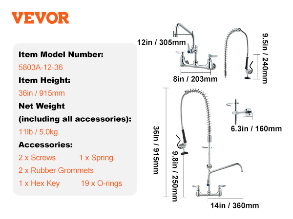 VEVOR commercial faucet, item #5803a-12-36, height: 36in/915mm, 11lb/5.0kg, accessories included.