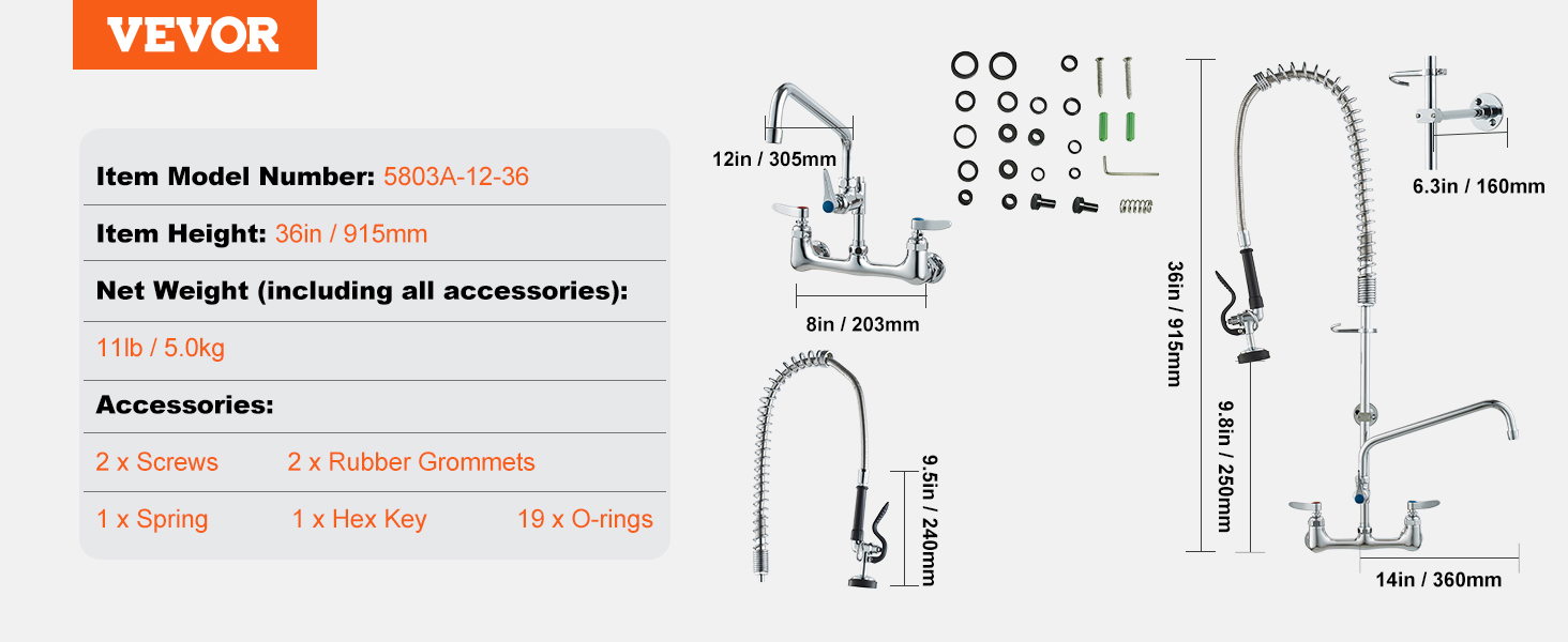 VEVOR commercial faucet, item #5803a-12-36, height: 36in/915mm, 11lb/5.0kg, accessories included.