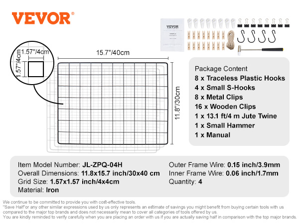 VEVOR grid wall panels with hooks, clips, twine, hammer, and manual. dimensions: 11.8"x15.7".