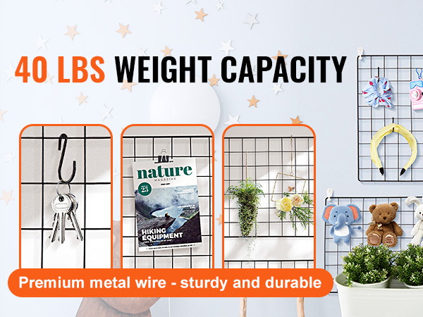 VEVOR grid wall panels with 40 lbs weight capacity, holding decor, keys, magazines, and plants.