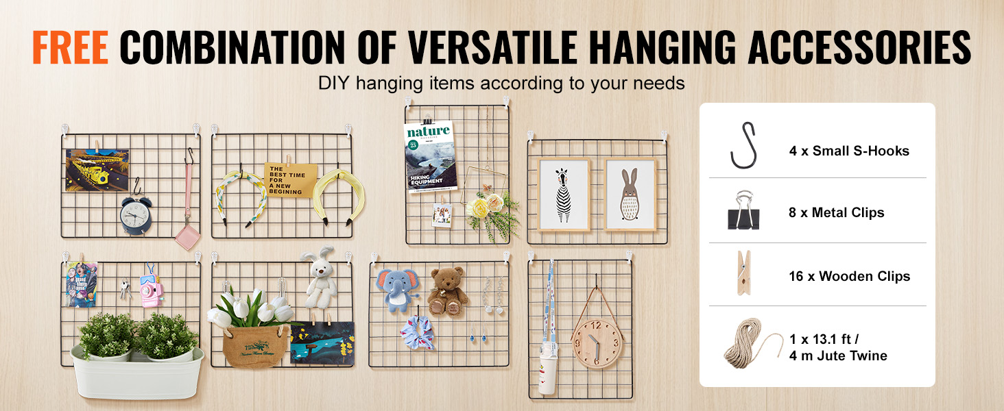 free combination of versatile VEVOR grid wall panels with s-hooks, metal clips, wooden clips, and jute twine.