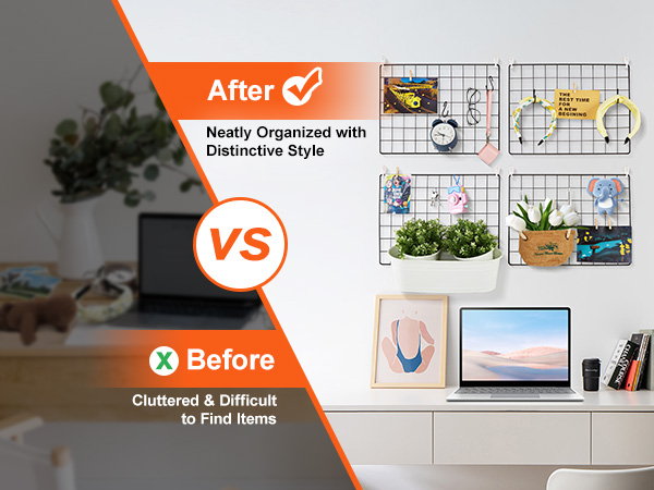 before vs. after using VEVOR grid wall panels for a neat, organized workspace transformation.