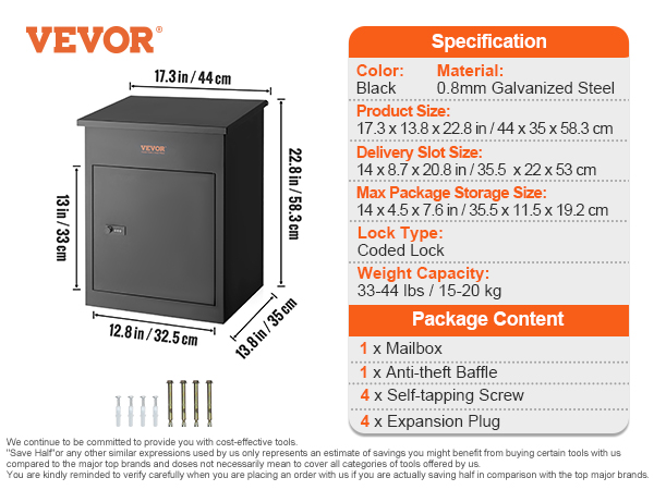 VEVOR package delivery box with black finish, dimensions, delivery slot size, coded lock, and package contents.