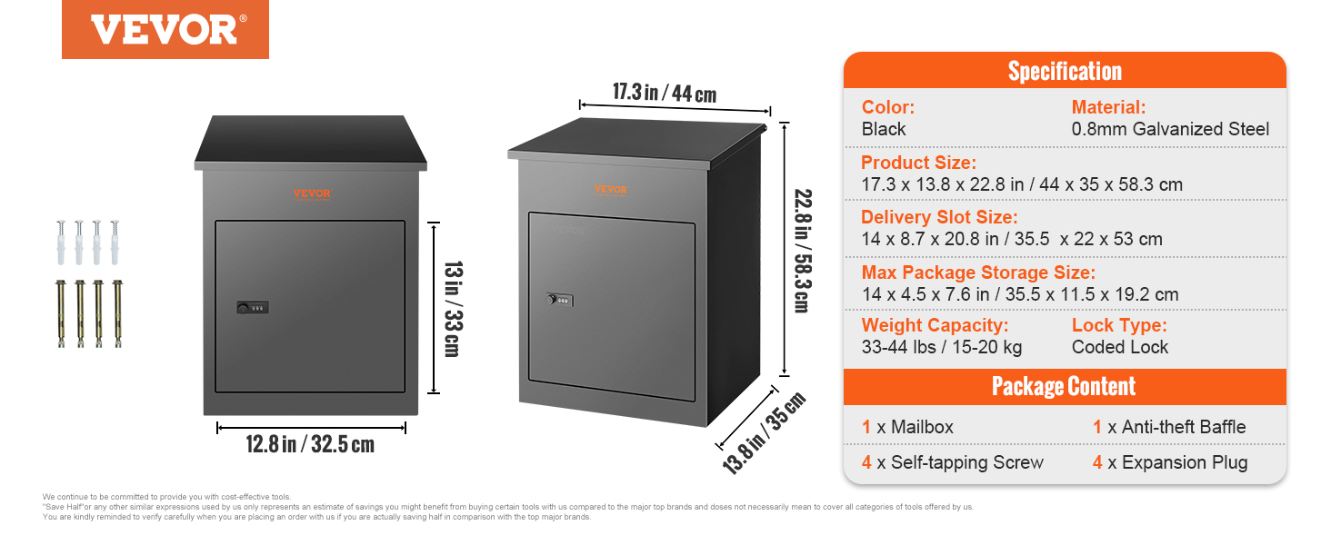 VEVOR package delivery box with black finish, dimensions, delivery slot size, coded lock, and package contents.