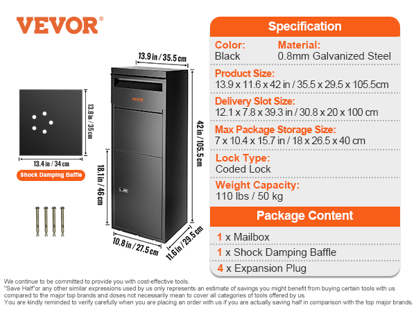 VEVOR package delivery box in black with product dimensions, specifications, and package contents displayed.