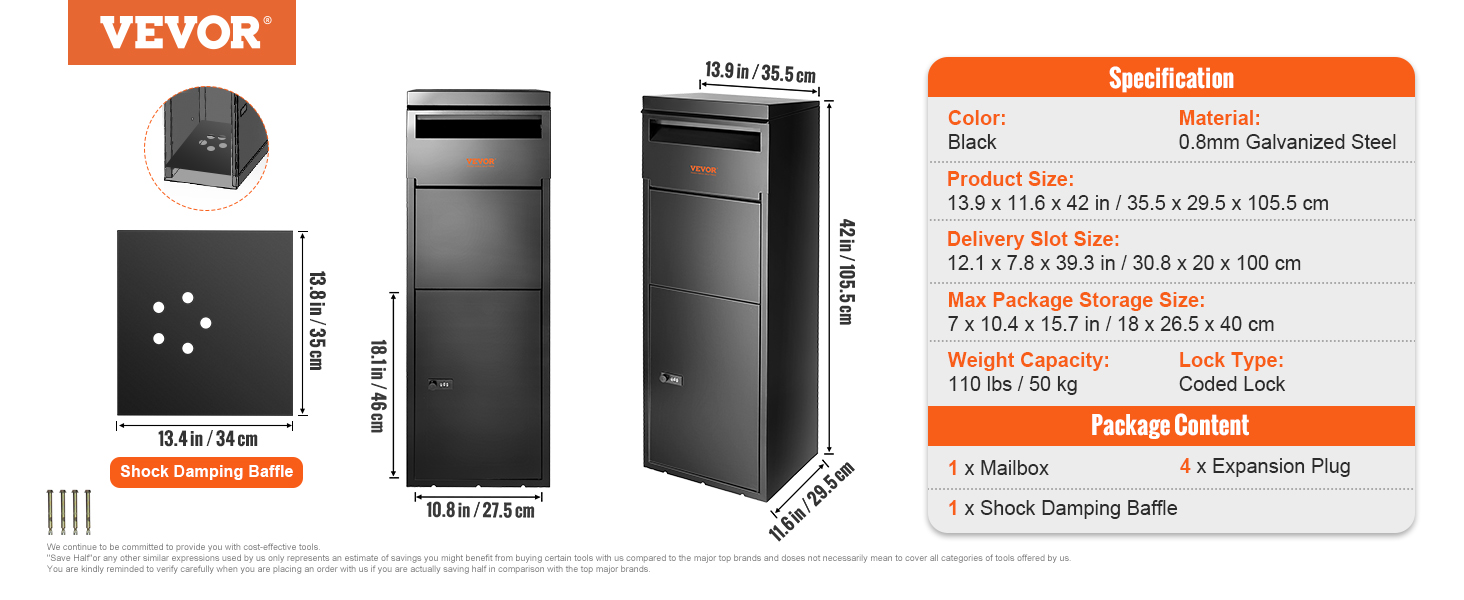 VEVOR package delivery box in black with product dimensions, specifications, and package contents displayed.