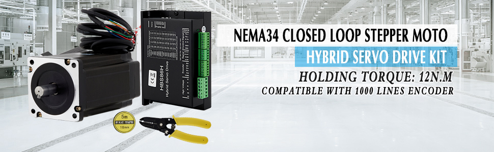 VEVOR nema34 stepper servo motor with drive kit and wire cutter in industrial setting.