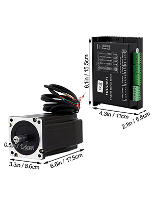 VEVOR nema34 stepper servo motor and driver, labeled dimensions, black with wiring.