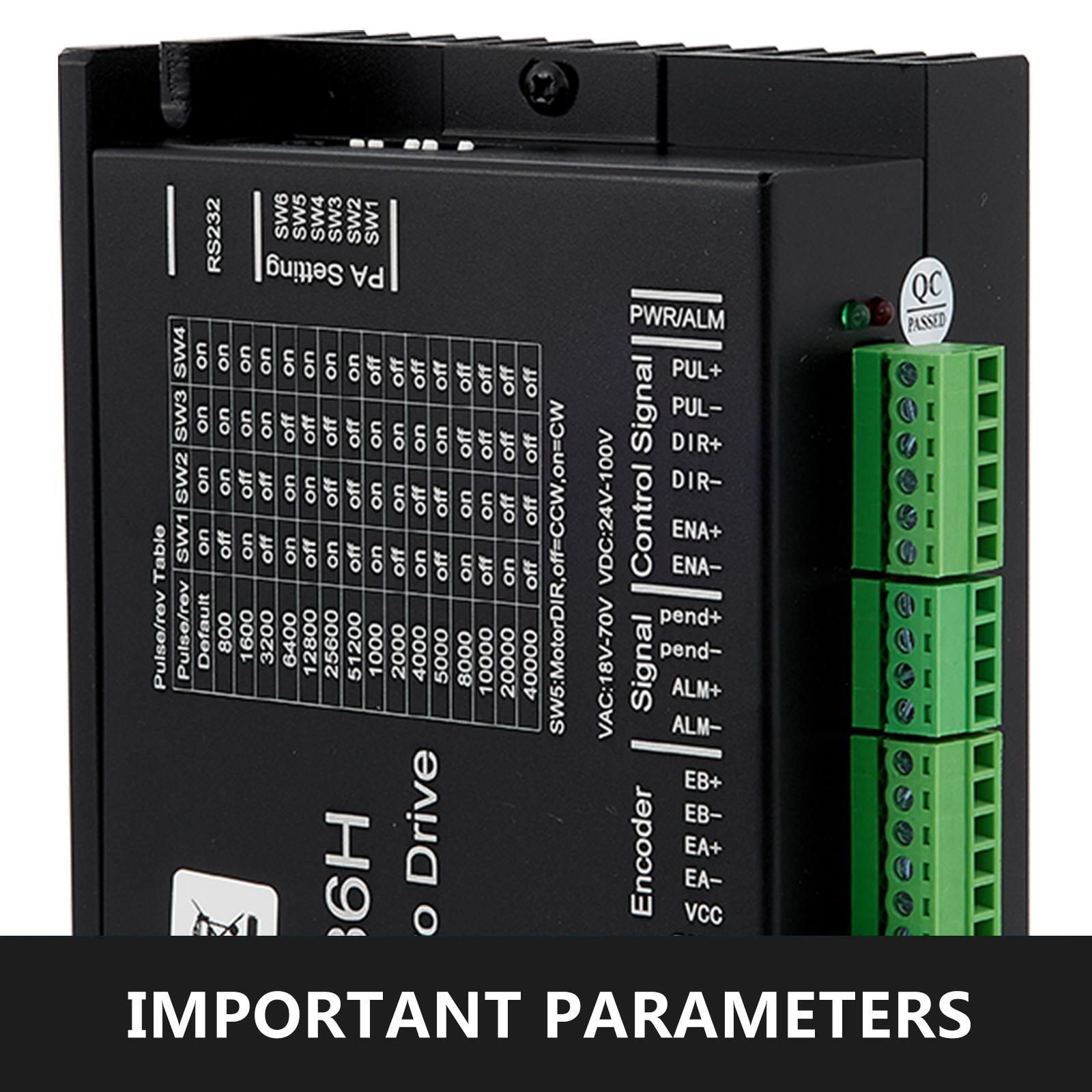 VEVOR nema34 stepper servo motor control unit with parameter settings and green connectors.