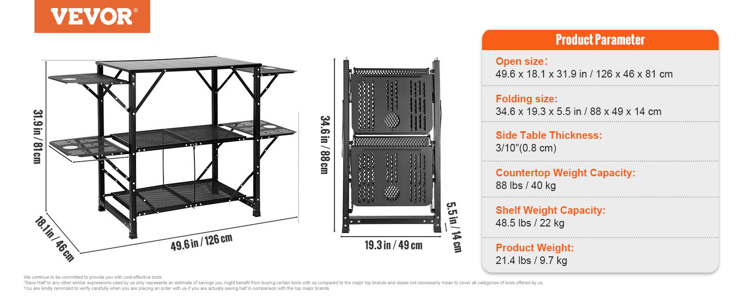 VEVOR camping kitchen table with dimensions and specifications, featuring a foldable design and weight capacity.