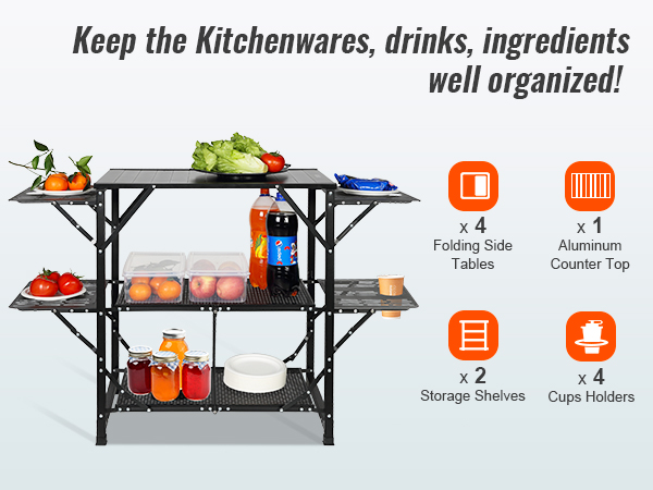 VEVOR camping kitchen table with aluminum counter top, folding side tables, and storage shelves.