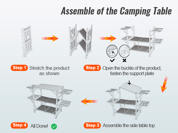 VEVOR camping kitchen table assembly steps: extend, buckle, assemble tabletop, complete.