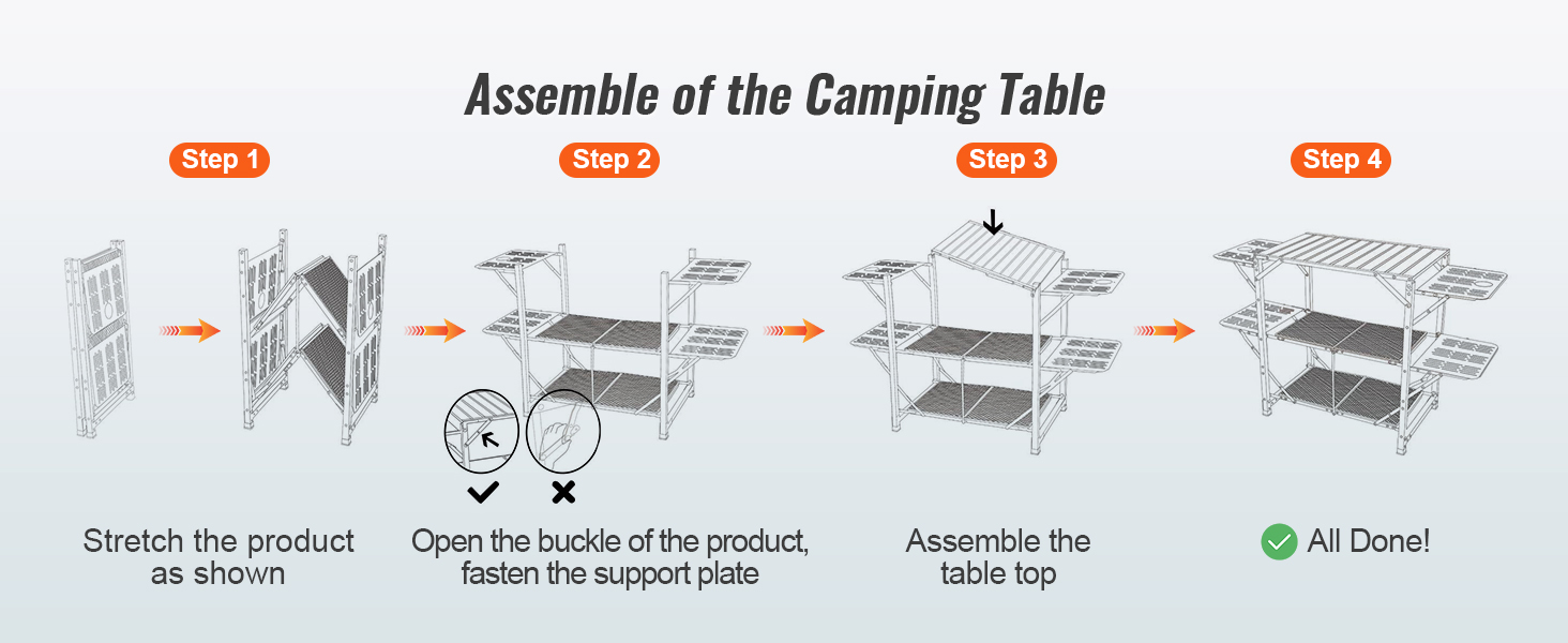 VEVOR camping kitchen table assembly steps: extend, buckle, assemble tabletop, complete.
