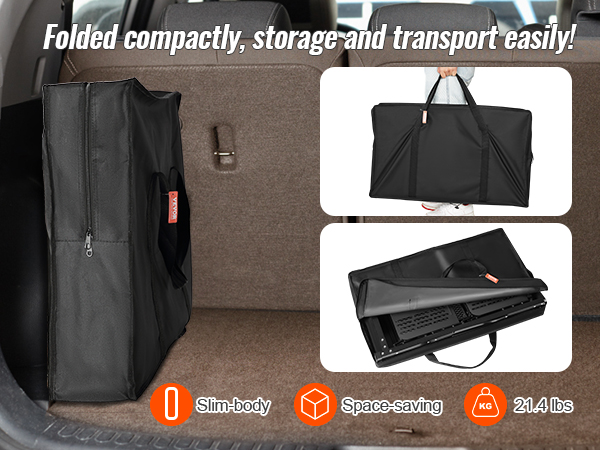 VEVOR camping kitchen table, folded compactly in a car trunk, showcasing portability and space-saving design.