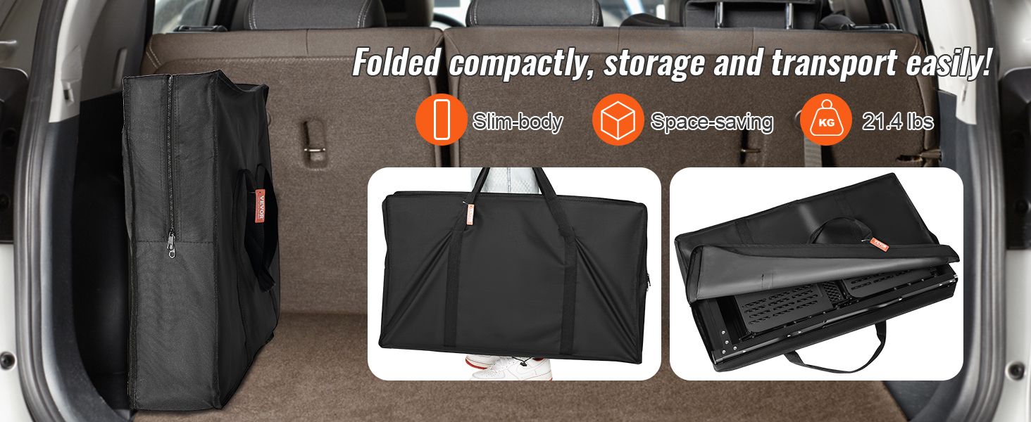 VEVOR camping kitchen table, folded compactly in a car trunk, showcasing portability and space-saving design.