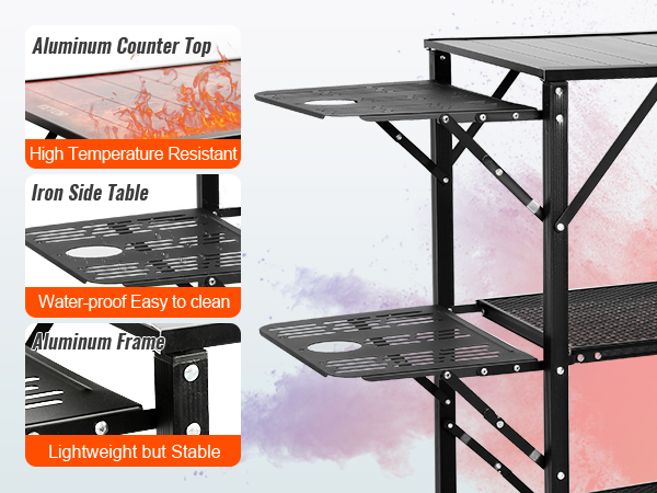 VEVOR camping kitchen table with aluminum frame, high-temp resistant counter top, and waterproof iron side table.