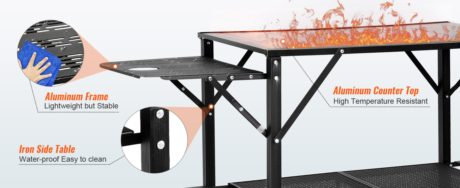 VEVOR camping kitchen table with aluminum frame, high-temp resistant counter top, and waterproof iron side table.