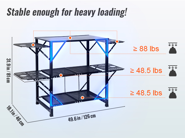 VEVOR camping kitchen table with three shelves, black, 49.6in length, 31.9in height, supports up to 88lbs.