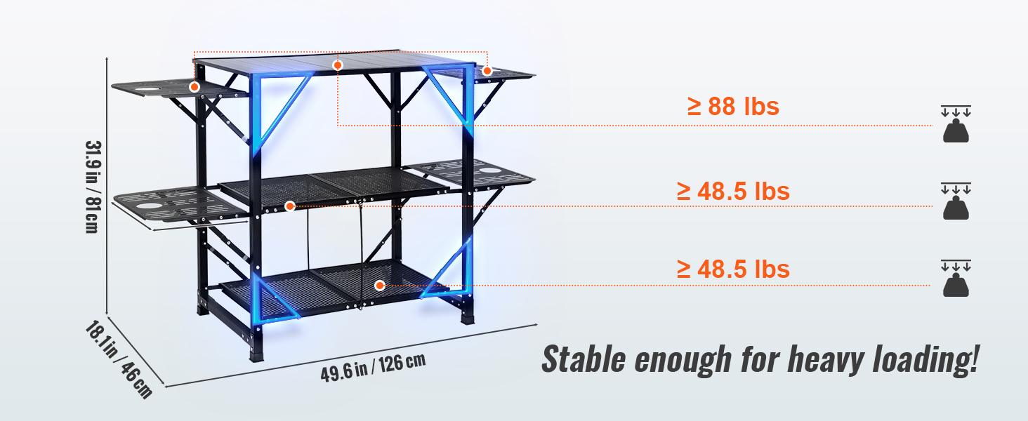 VEVOR camping kitchen table with three shelves, black, 49.6in length, 31.9in height, supports up to 88lbs.