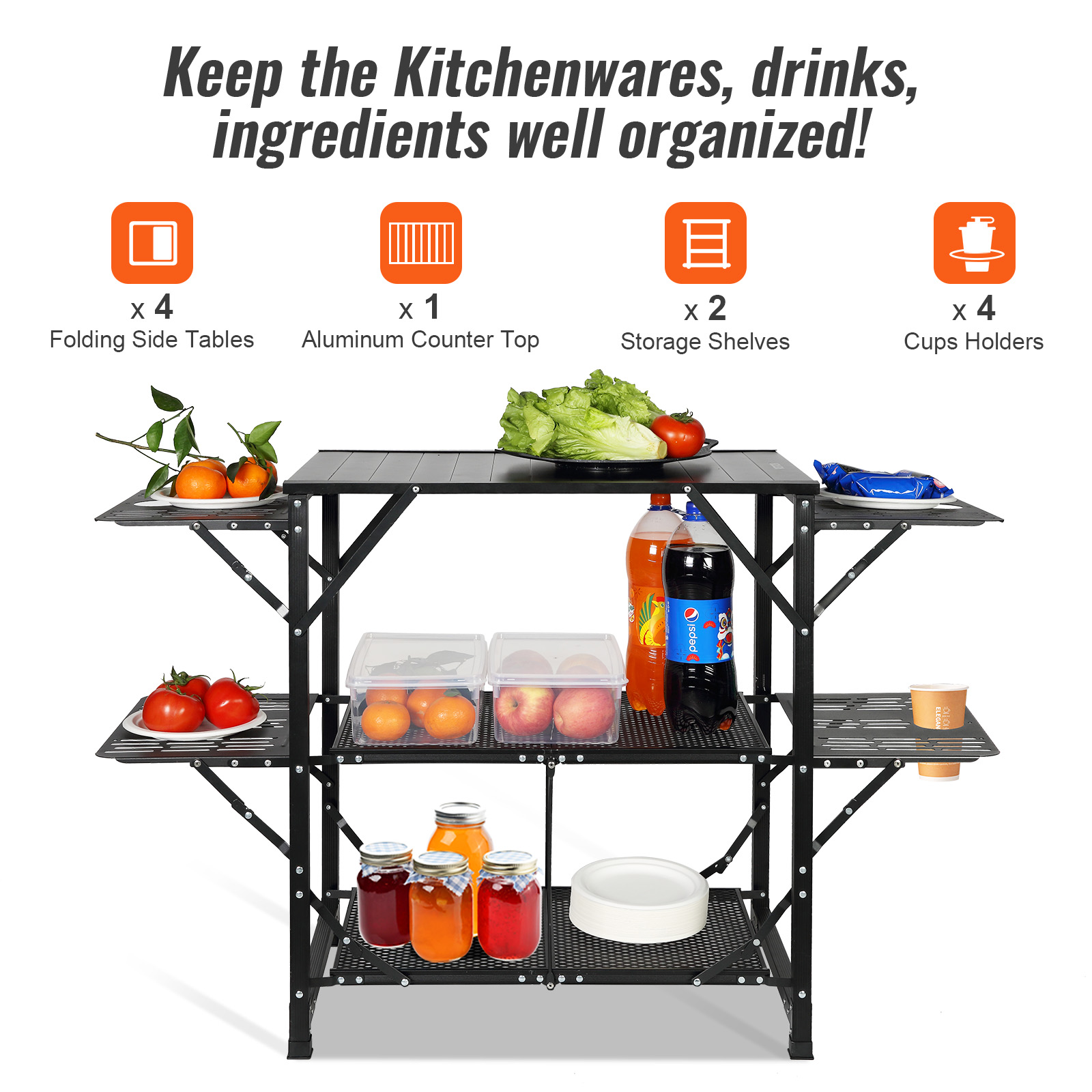 VEVOR camping kitchen table with folding side tables, aluminum counter, shelves, and cup holders.