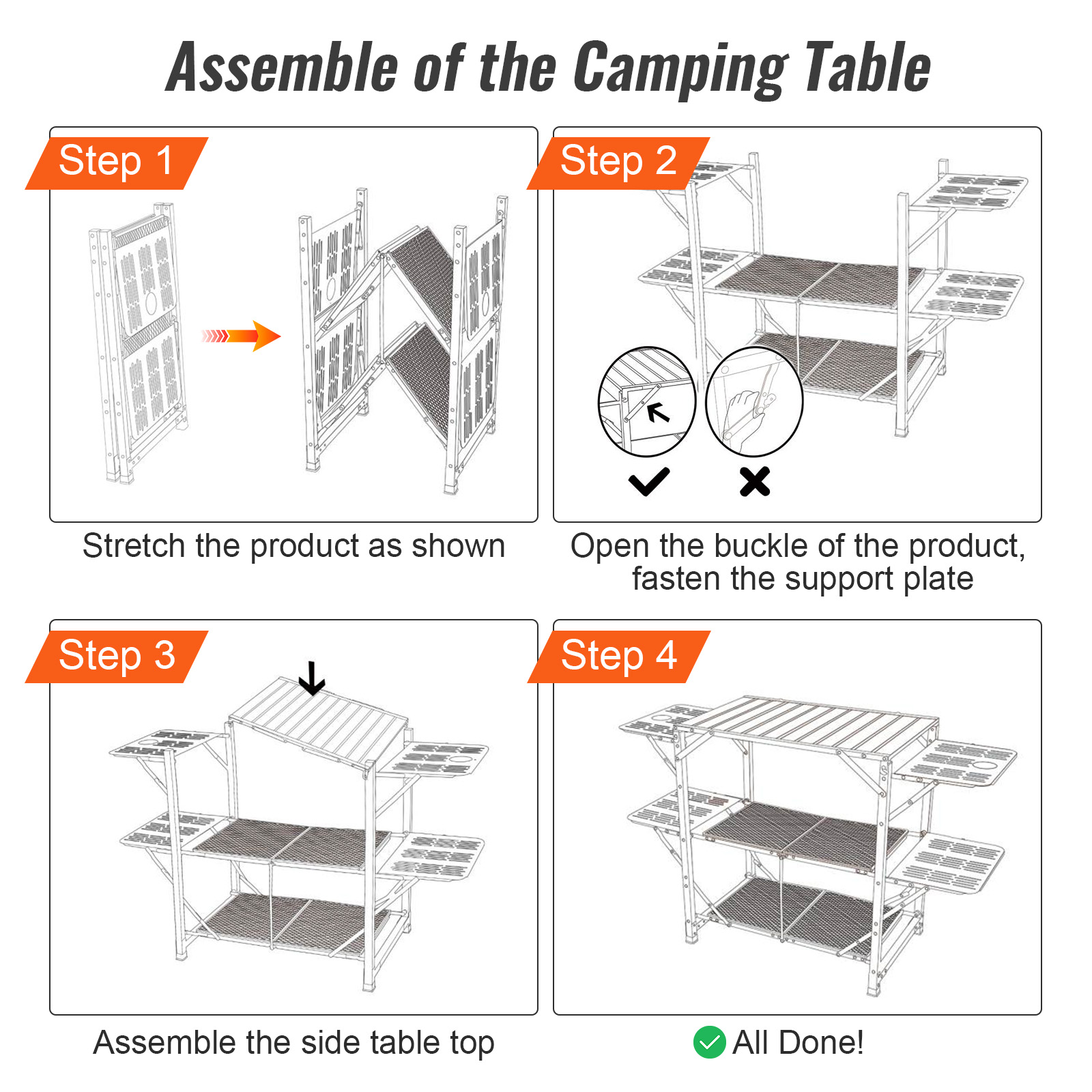 assembly instructions for VEVOR camping kitchen table with four steps of setup illustration.