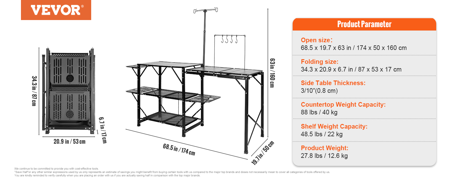 VEVOR camping kitchen table with storage shelves, foldable, dimensions, weight, and load capacities.