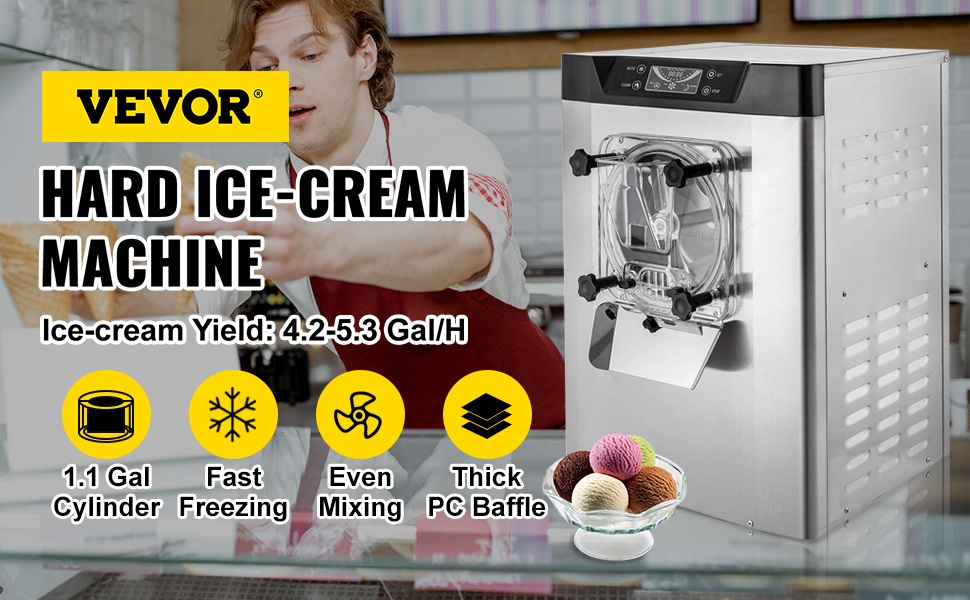 VEVOR ice cream machine with fast freezing, even mixing, and a 1.1-gal cylinder.