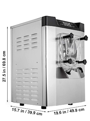 VEVOR ice cream machine with stainless steel body and control panel. dimensions shown.