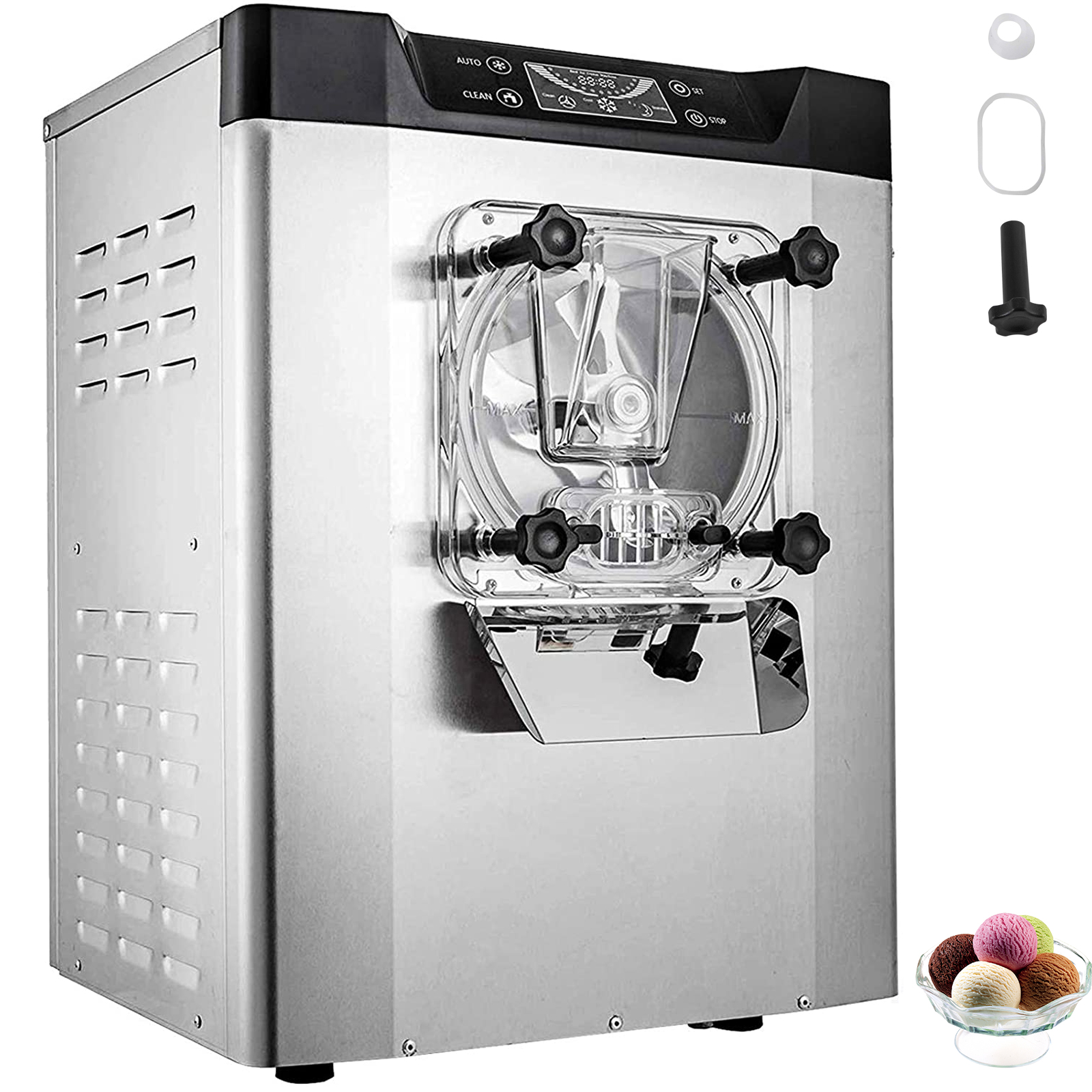 stainless steel VEVOR ice cream machine with control panel and accessories.