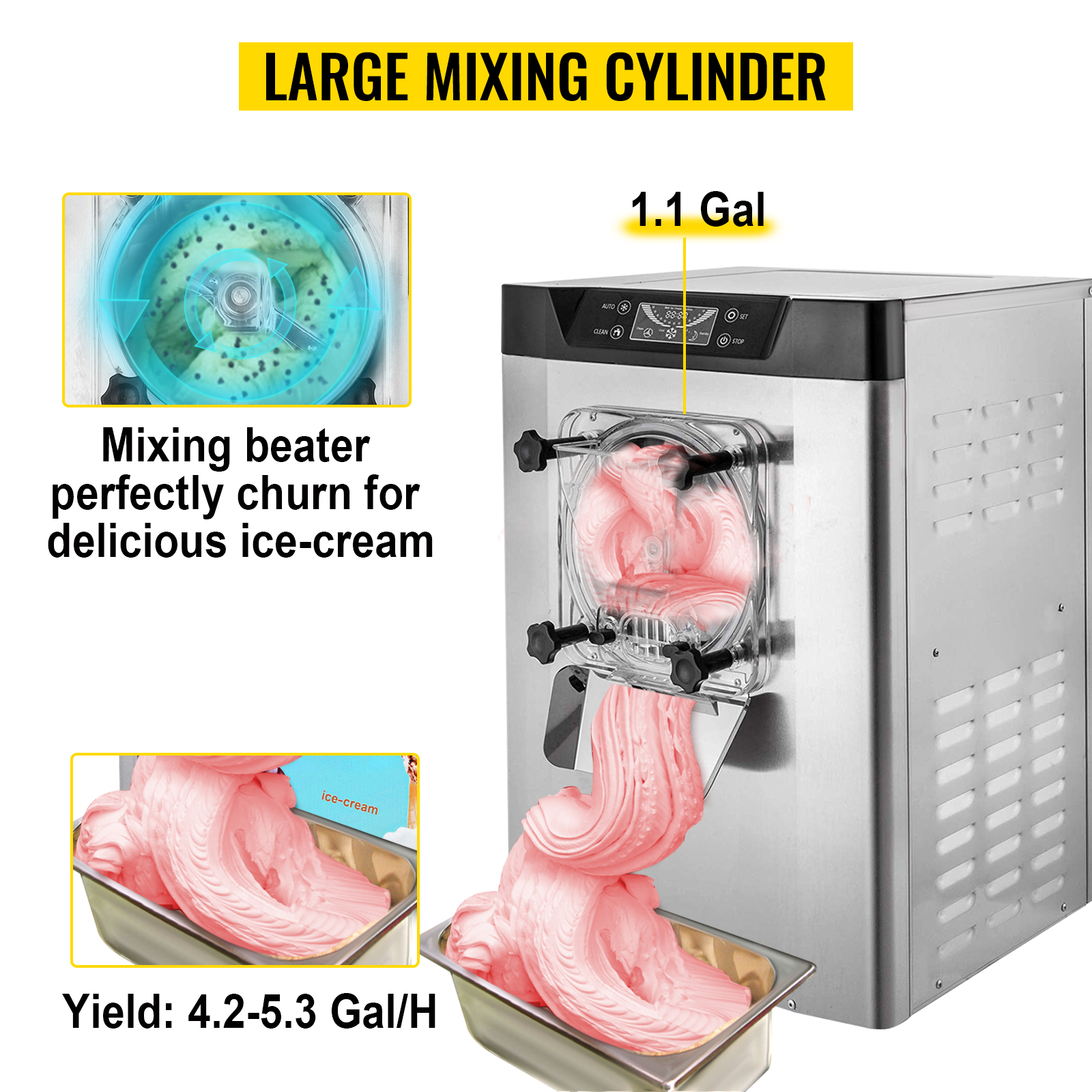 VEVOR ice cream machine with large mixing cylinder and 4.2-5.3 gal/h yield.