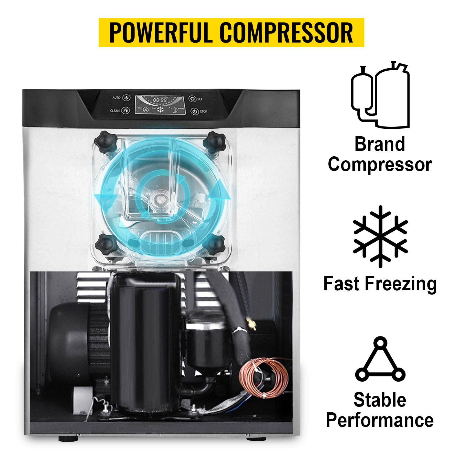 VEVOR ice cream machine with a powerful brand compressor for fast freezing and stable performance.