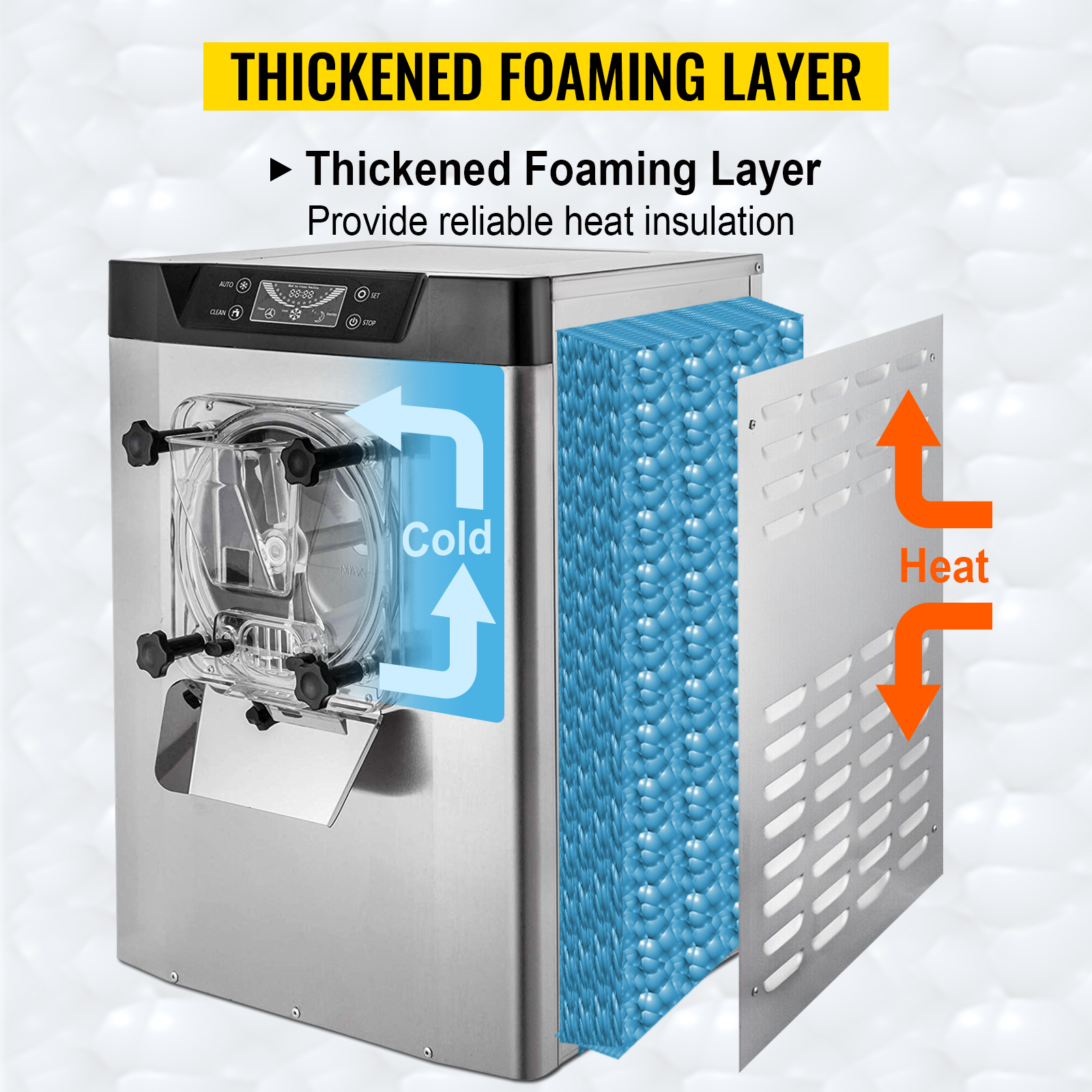 VEVOR ice cream machine featuring thickened foaming layer for enhanced heat insulation.