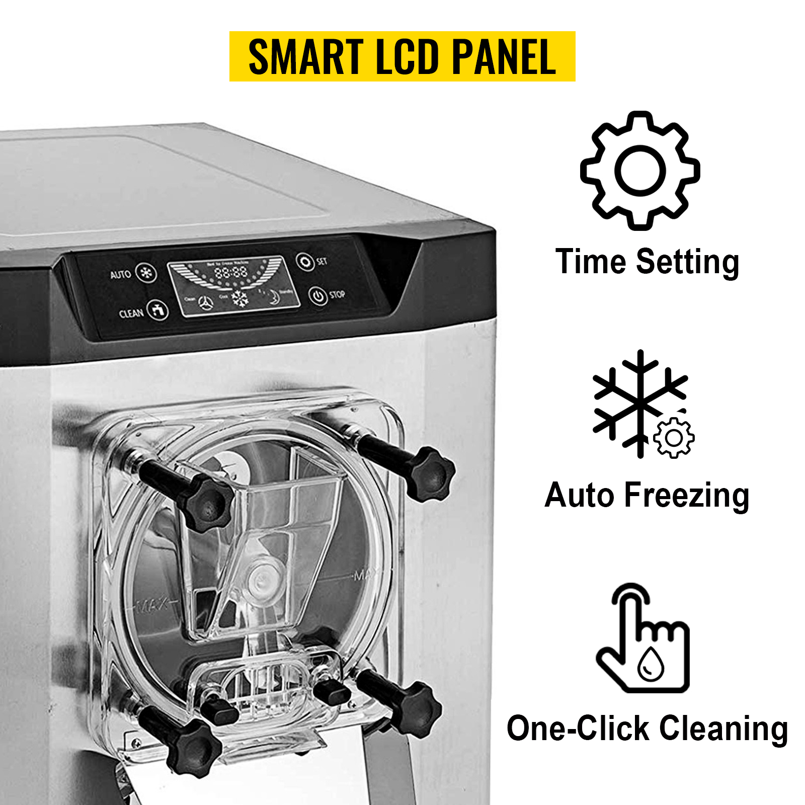VEVOR ice cream machine with smart lcd panel, time setting, auto freezing, and one-click cleaning.