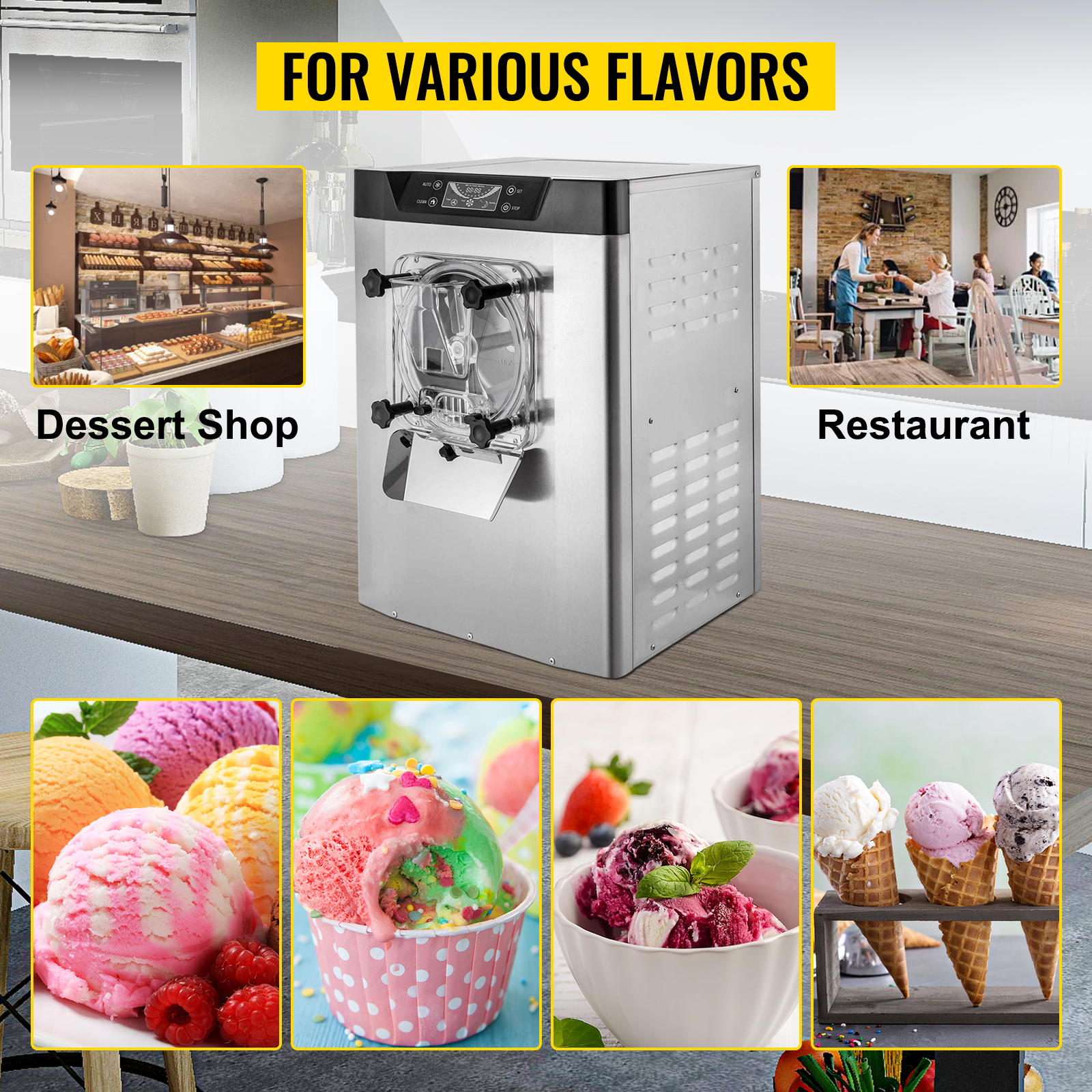 VEVOR ice cream machine for dessert shops and restaurants with colorful ice cream options.