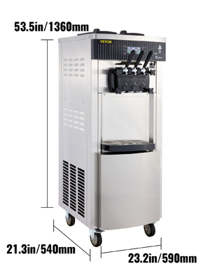 VEVOR ice cream machine, dimensions: 53.5in/1360mm height, 23.2in/590mm width, 21.3in/540mm depth.