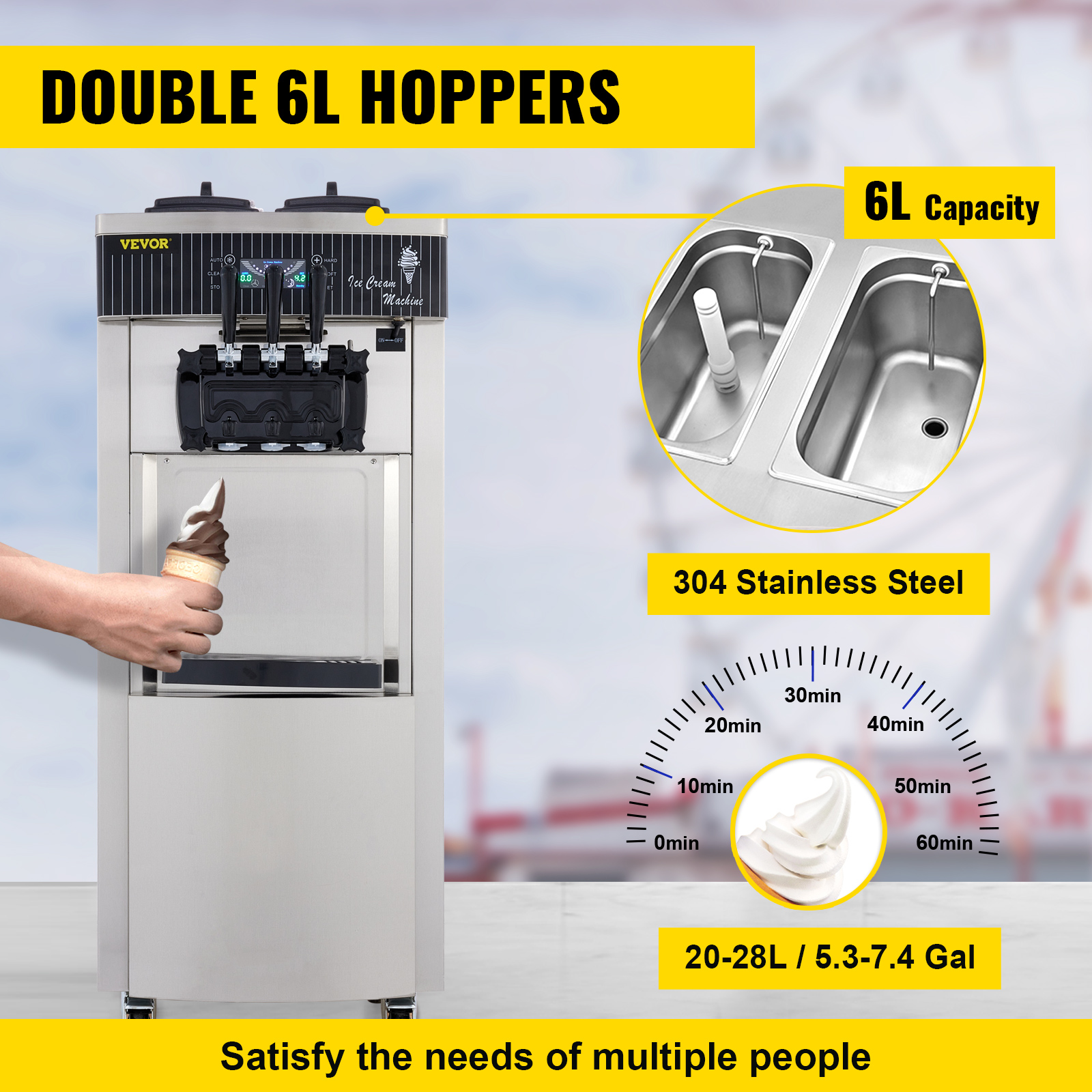 VEVOR ice cream machine with double 6l hoppers, 304 stainless steel.