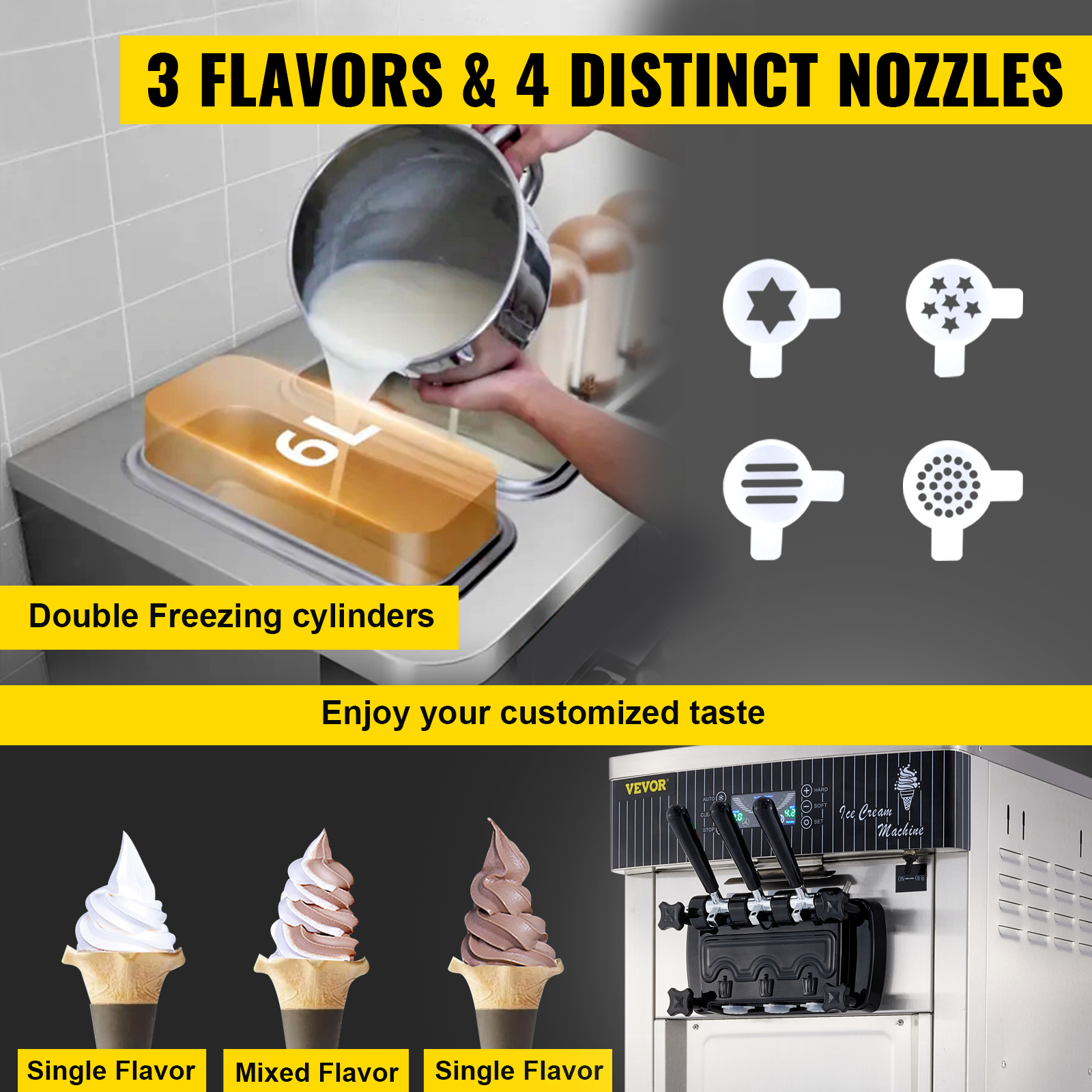 VEVOR ice cream machine with 3 flavors, 4 nozzles, double freezing cylinders.