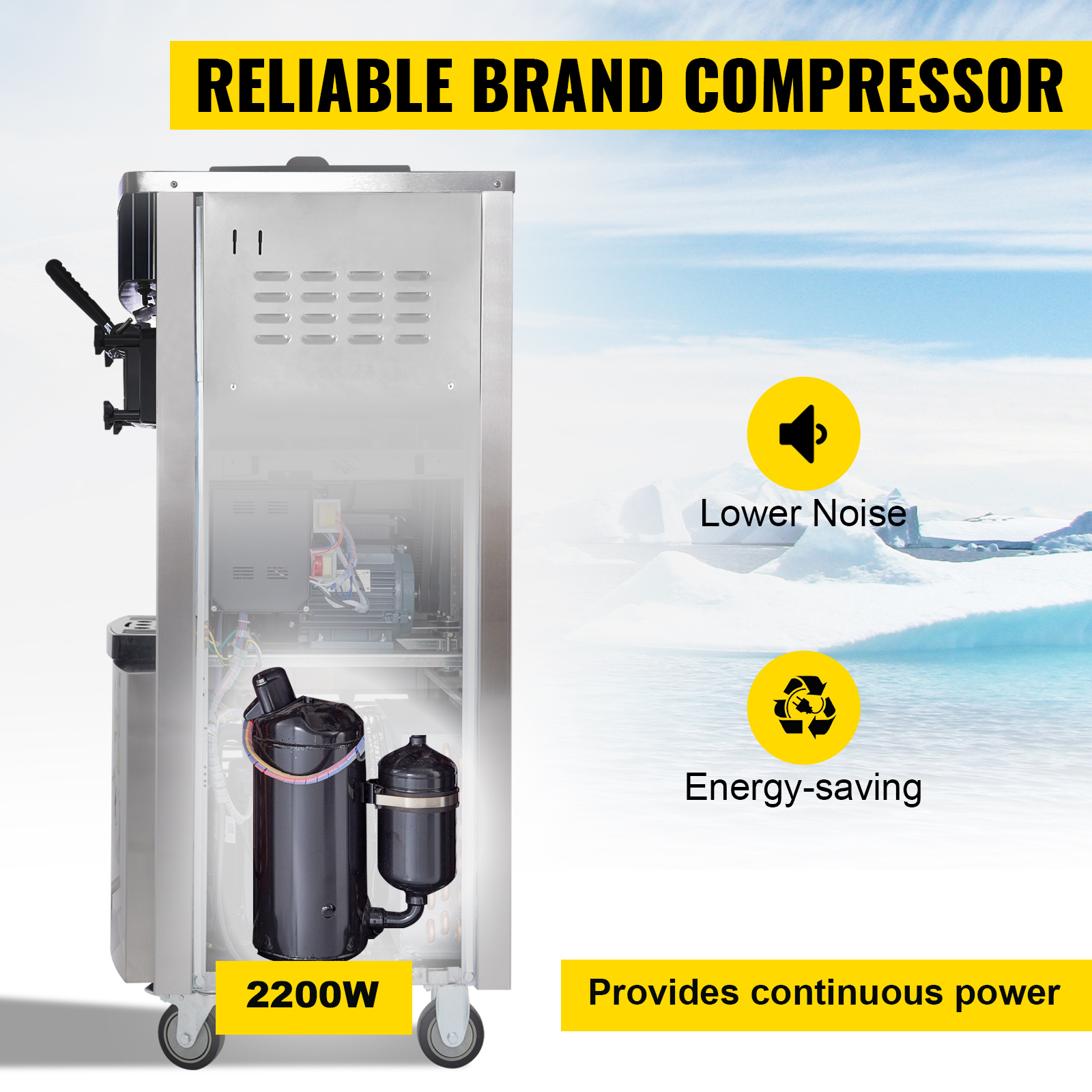 VEVOR ice cream machine with reliable brand compressor, 2200w power, lower noise.