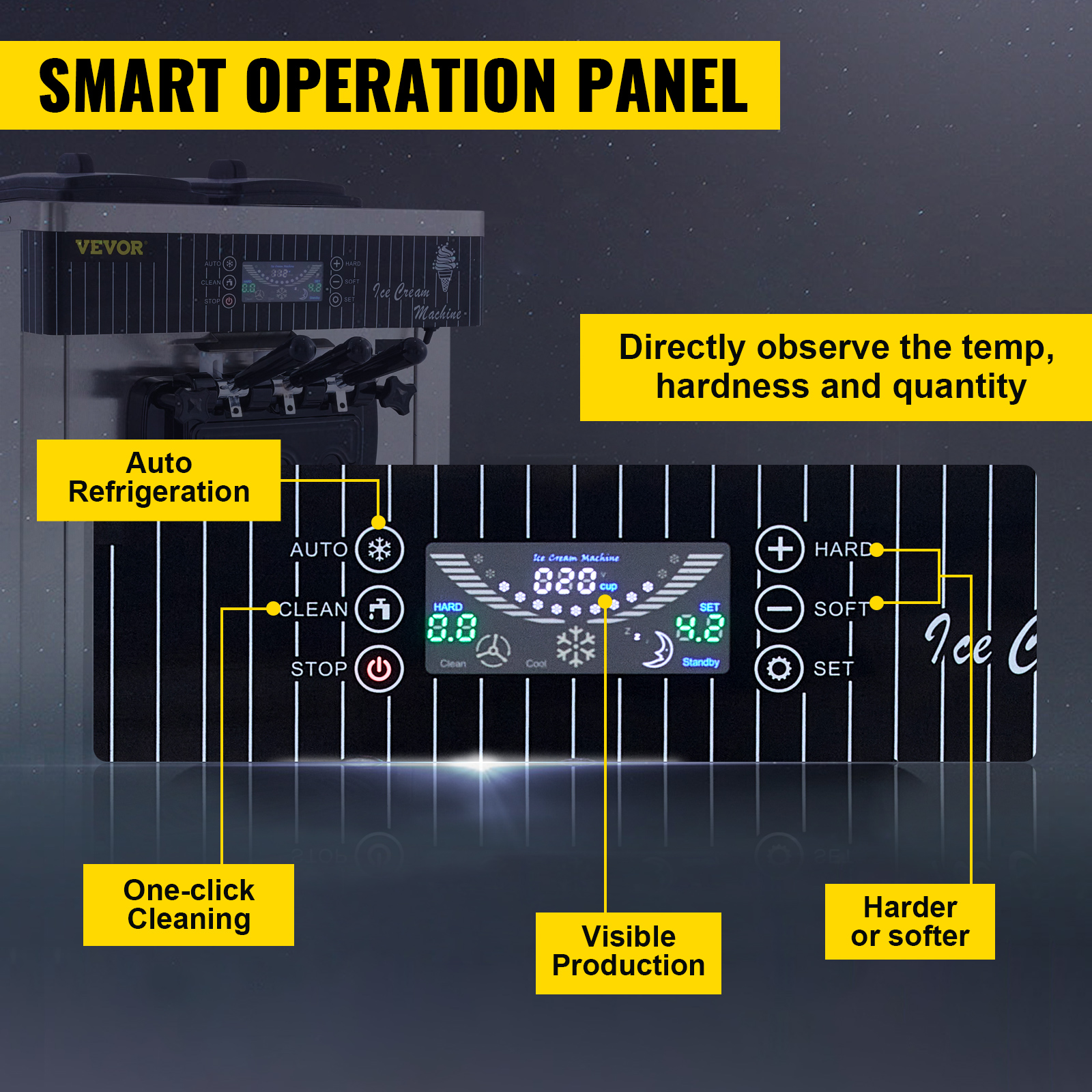VEVOR ice cream machine smart operation panel with auto refrigeration and one-click cleaning.
