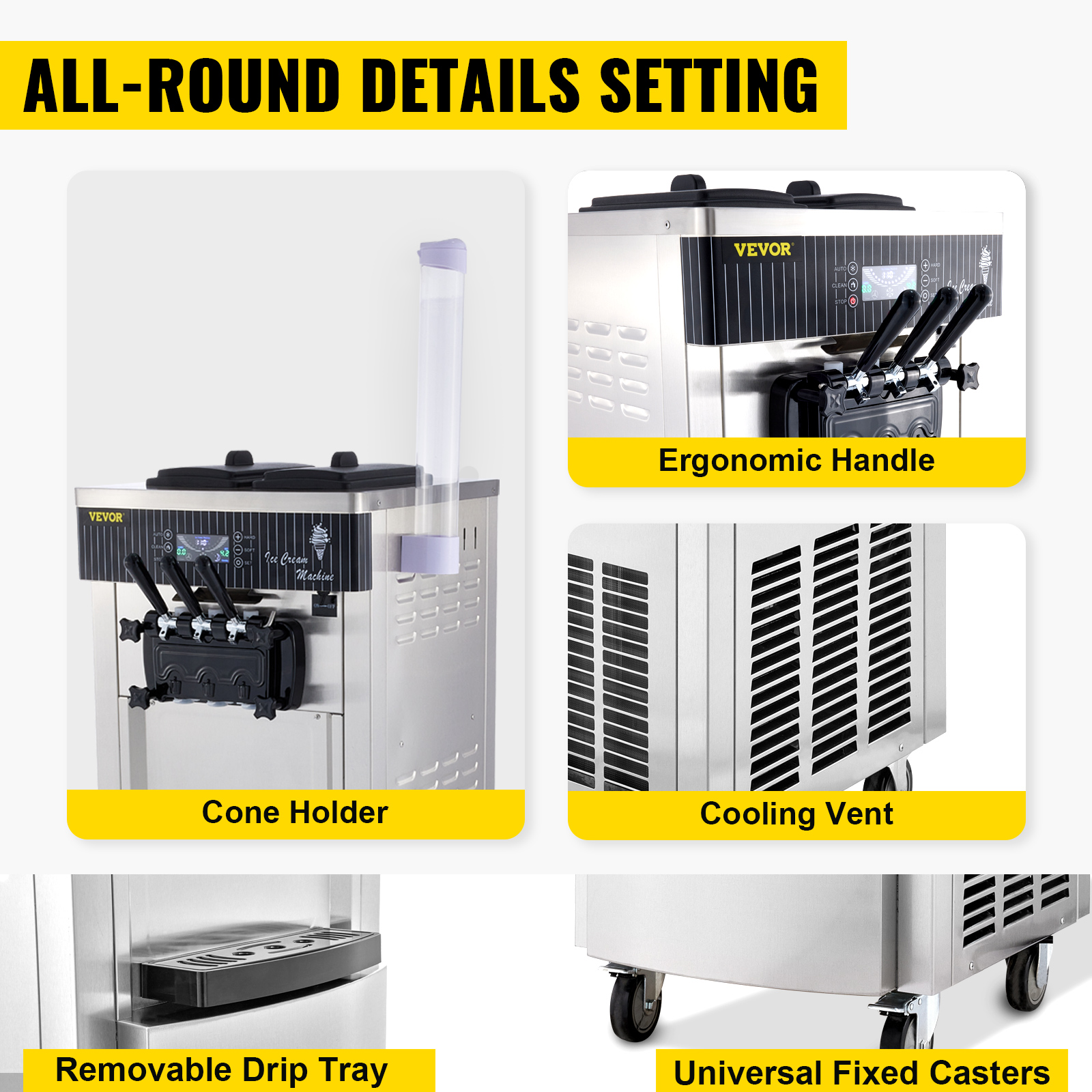 VEVOR ice cream machine features ergonomic handle, cone holder, cooling vent, and casters.
