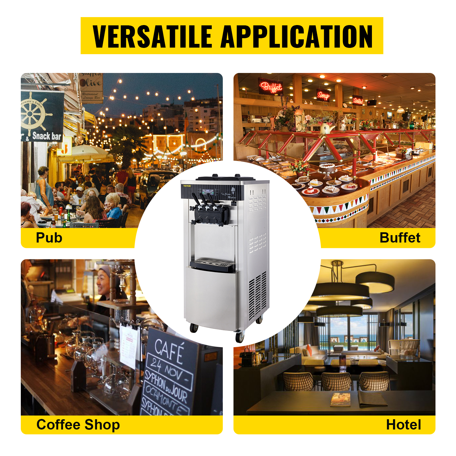 VEVOR ice cream machine for pub, buffet, coffee shop, and hotel applications.