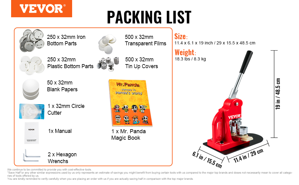 VEVOR button maker machine packing list with components, sizes, and weight details.