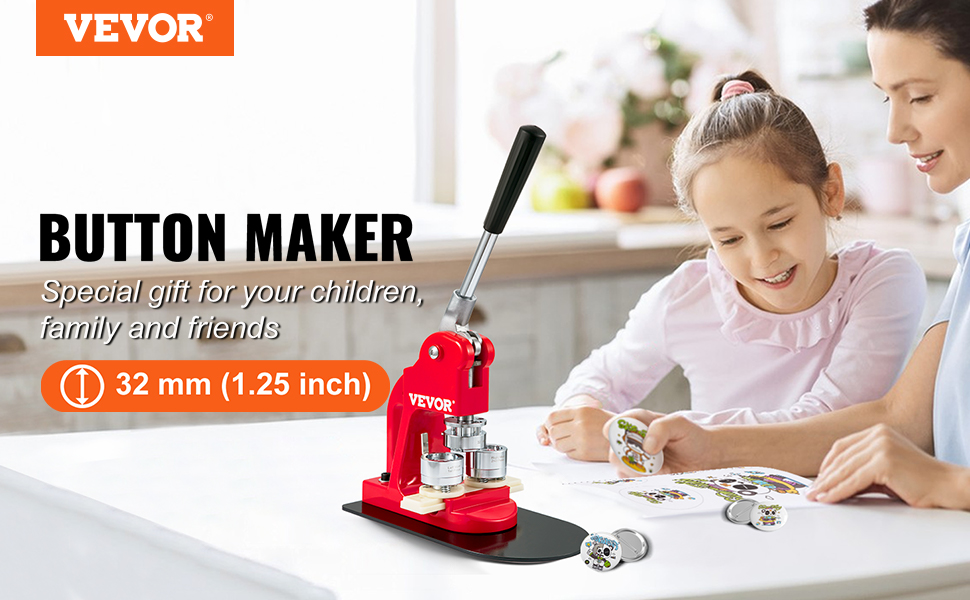 VEVOR button maker machine on a table with kids creating custom buttons, 32 mm (1.25 inch) size.