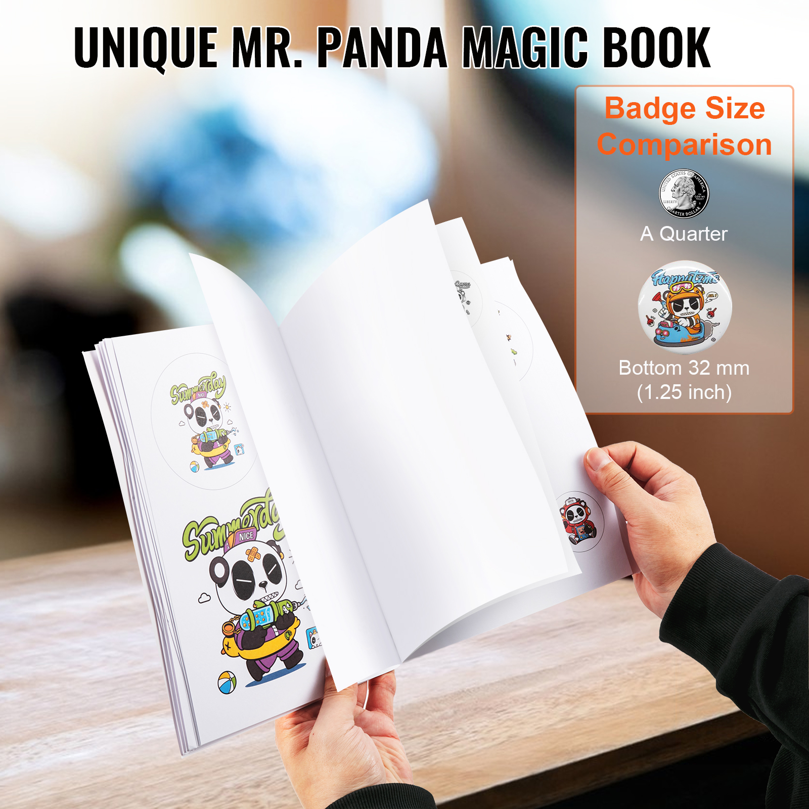 unique mr. panda magic book with badge size comparison, showcasing a quarter and a 32mm (1.25 inch) badge.
