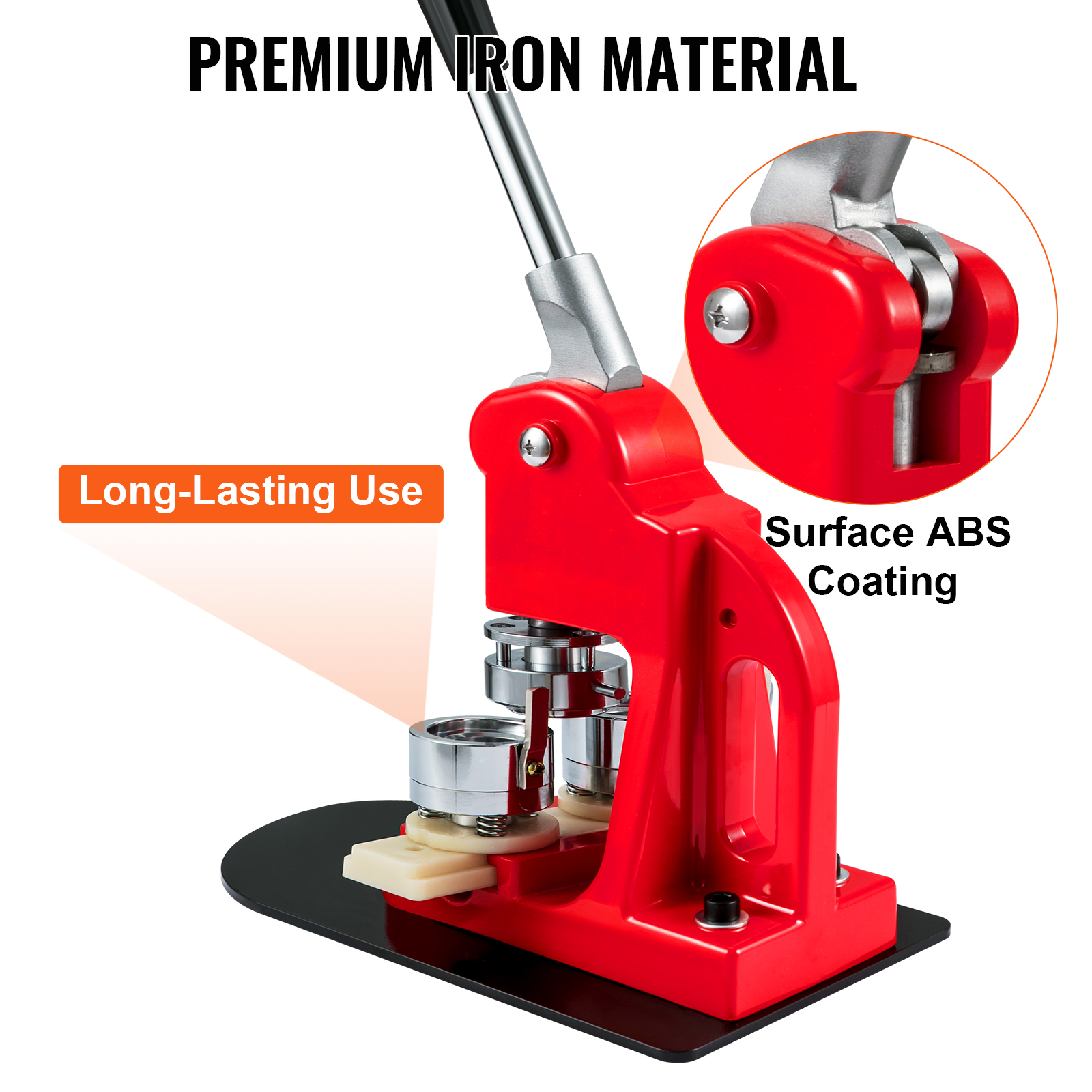 VEVOR button maker machine in red with a handle, showcasing premium iron material and surface abs coating.