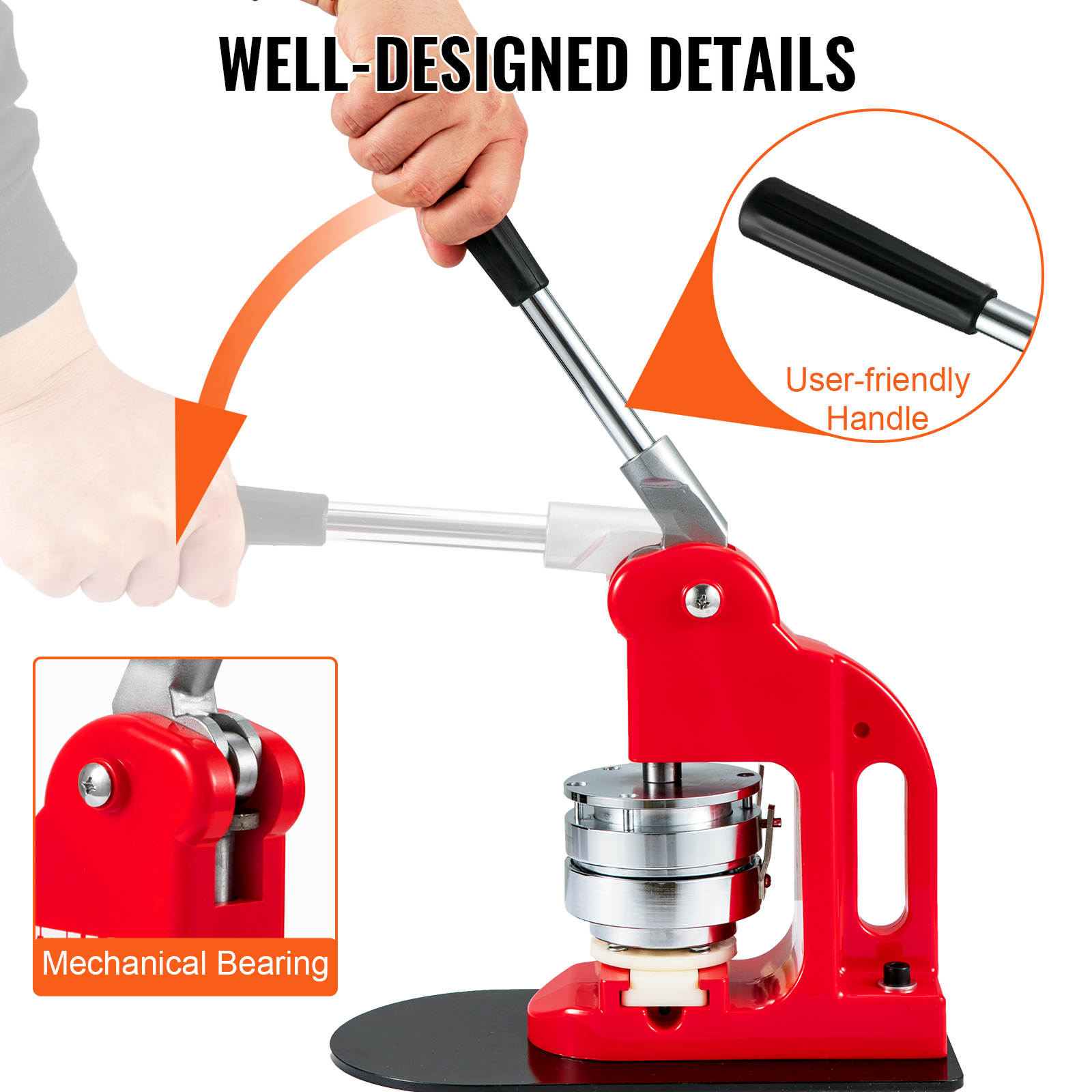 red VEVOR button maker machine with user-friendly handle and mechanical bearing.