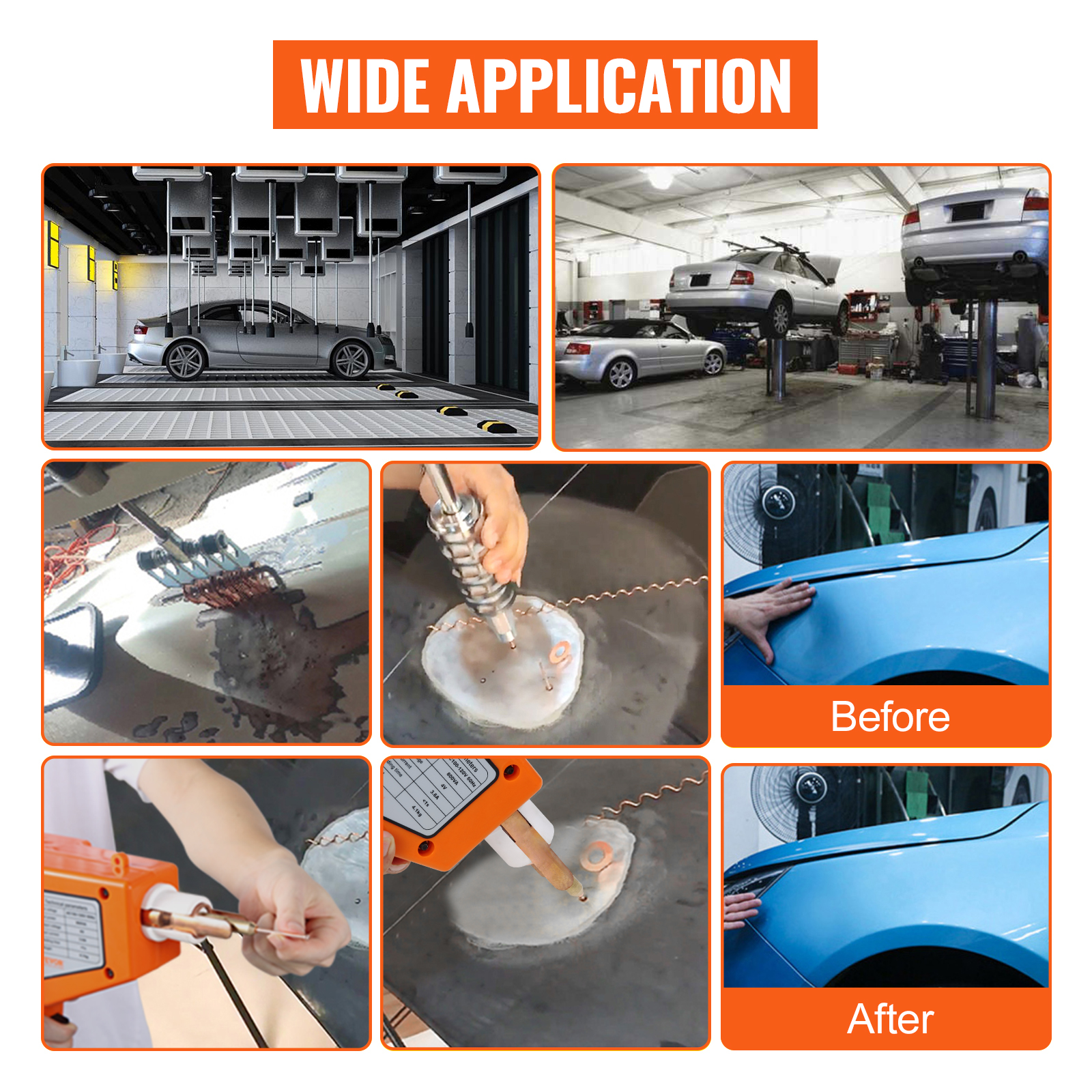 VEVOR dent repair kit: effective dent removal with wide application shown in six images.